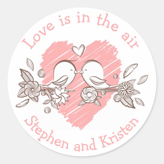 Lovebirds Roze Hart Bruiloft Gepersonaliseerde Lie Ronde Sticker (Voorkant)