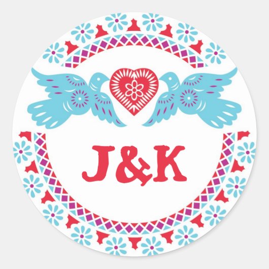 Lovebirds turkoois en rode ronde sticker (Voorkant)