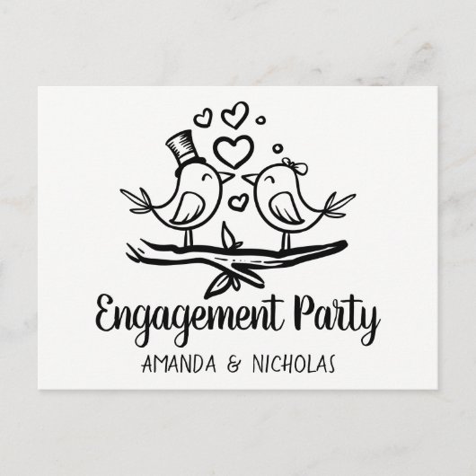 Lovebirds Zwart Wit Bruiloft Verlovingsfeest Uitnodiging Briefkaart (Voorkant)