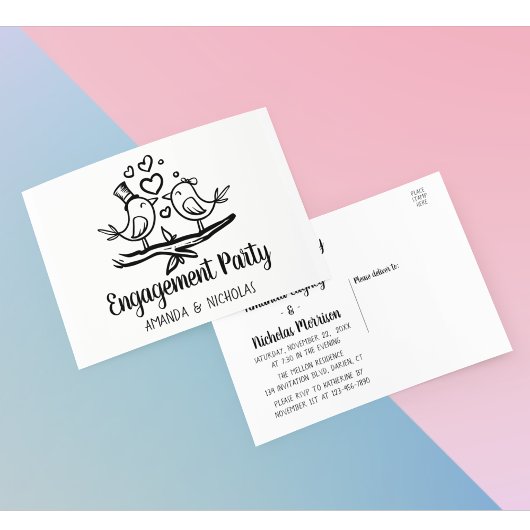 Lovebirds Zwart Wit Bruiloft Verlovingsfeest Uitnodiging Briefkaart