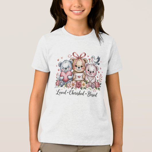Loved Cherished Blessed Three Teddy Bears Floral Tri-Blend Shirt (Voorkant)