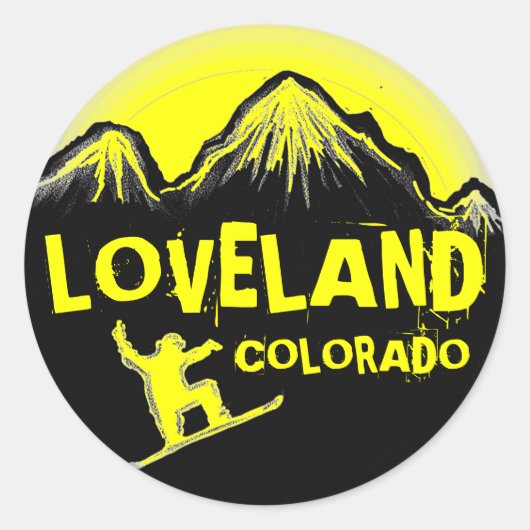 Loveland Colorado geel snowboard stickers (Voorkant)
