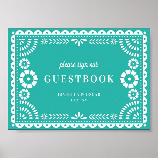 Lovely Aqua Papel Picado Wedding Guestbook Sign Poster (Voorkant)