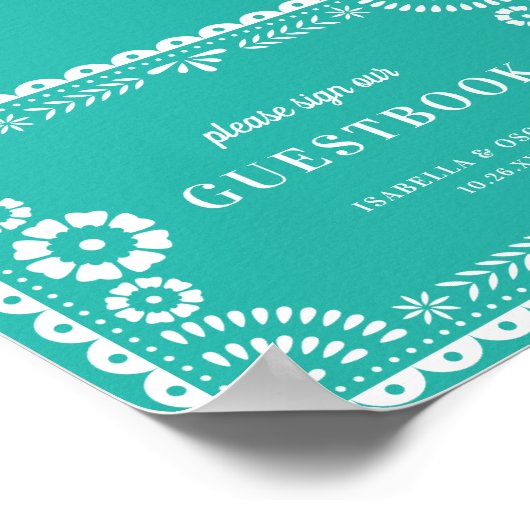 Lovely Aqua Papel Picado Wedding Guestbook Sign Poster (Hoek)