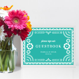 Lovely Aqua Papel Picado Wedding Guestbook Sign Poster
