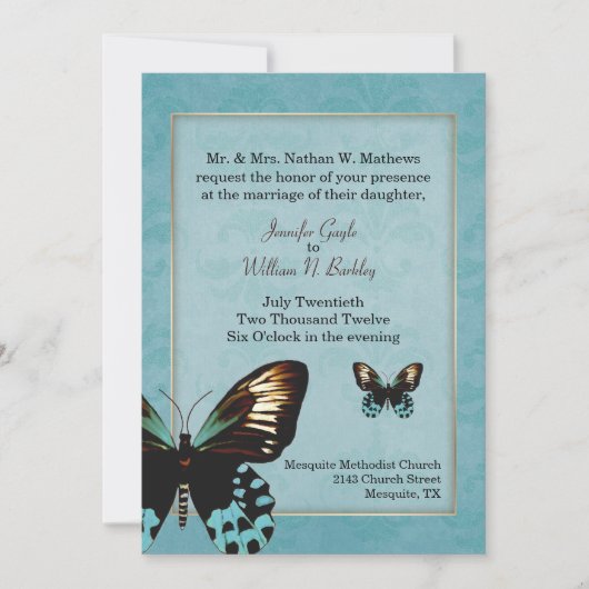 Lovely Aquamarine Butterfly Wedfly Wedding Invitat Kaart (Voorkant)