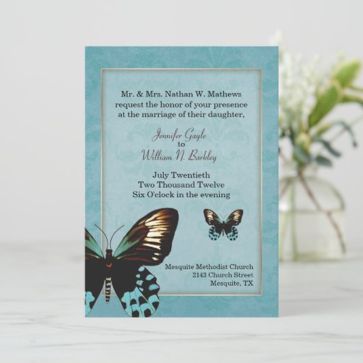 Lovely Aquamarine Butterfly Wedfly Wedding Invitat Kaart (Staand voorkant)