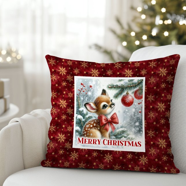 Lovely baby fawn festive winter scene Christmas  Kussen (Lovely baby fawn festive winter scene Christmas pillow)