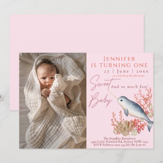 Lovely baby Narwhal 1st Birthday Party Uitnodiging (Voorkant / Achterkant)