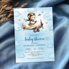 Lovely blue and gold aviator bear baby shower kaart