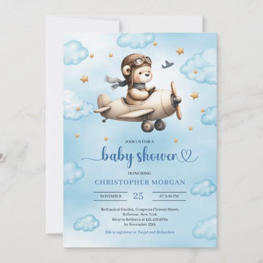 Lovely blue and gold aviator bear baby shower kaart (Voorkant)