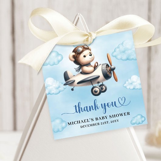 Lovely Blue Brown Teddy Bear Aviator Boy Shower   Bedankjes Labels
