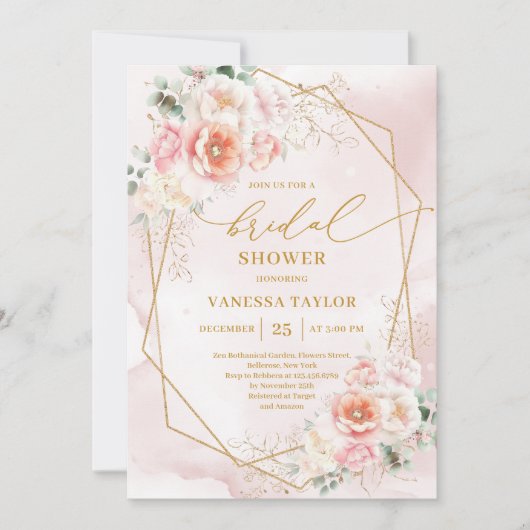 Lovely Boho Blush Gold Frame Roses Bridal Shower Kaart (Voorkant)