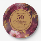 Lovely Boho Maroon Blush Gold 50th Birthday Plate Papieren Bordje (Voorkant)