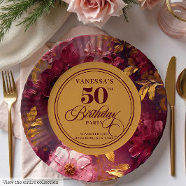 Lovely Boho Maroon Blush Gold 50th Birthday Plate Papieren Bordje