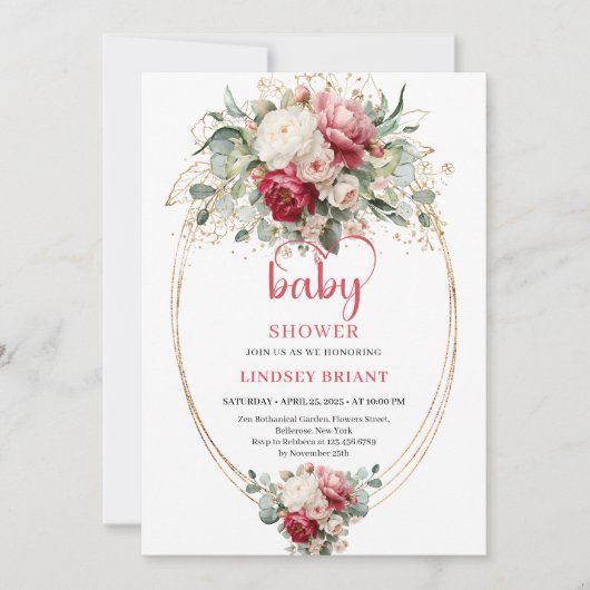 Lovely Boho Ruby Red Blush Eucalyptus Floral Baby Kaart (Voorkant)