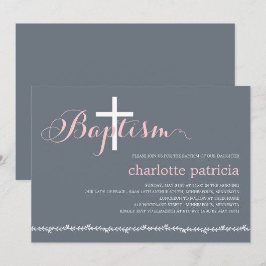 Lovely Border Baptism Invitation - Roze Kaart (Voorkant / Achterkant)
