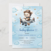 Lovely Boy Shower Invitation Teddy Bear Pilot Blue Kaart (Voorkant)