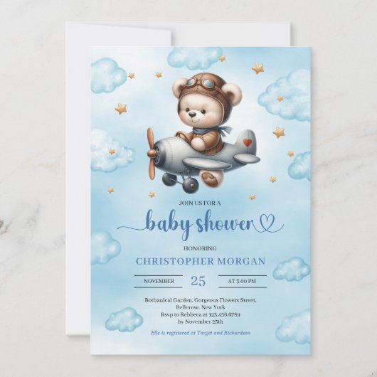 Lovely Boy Shower Invitation Teddy Bear Pilot Blue Kaart (Voorkant)