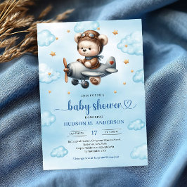 Lovely Boy Shower Invitation Teddy Bear Pilot Blue Kaart