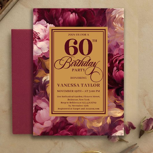 Lovely Burgundy Blush Gold Style 60th Birthday Kaart