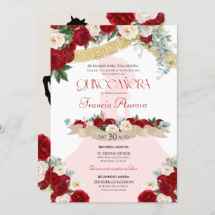 Lovely Charro Elegant Red White Floral Quinceañera Kaart