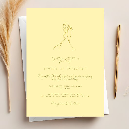 Lovely Couple Drawn Script Butter Yellow Wedding Kaart