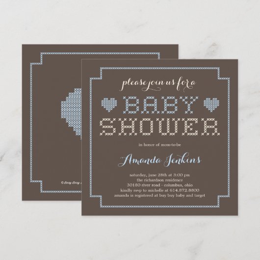 Lovely Cross Stitch Baby shower Uitnodiging - blau (Voorkant / Achterkant)