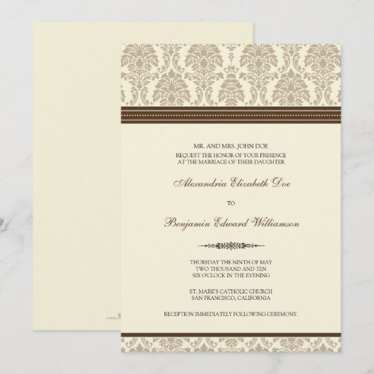 Lovely Damask Wedding Invitation (chocolade/crème) Kaart (Voorkant / Achterkant)