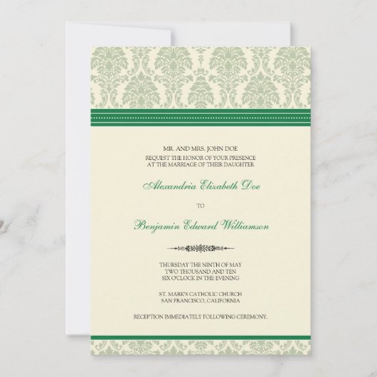 Lovely Damask Wedding Invitation (groen/crème) Kaart (Voorkant)