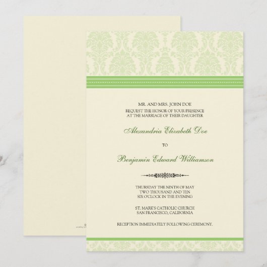 Lovely Damask Wedding Invitation (limoen/crème) Kaart (Voorkant / Achterkant)