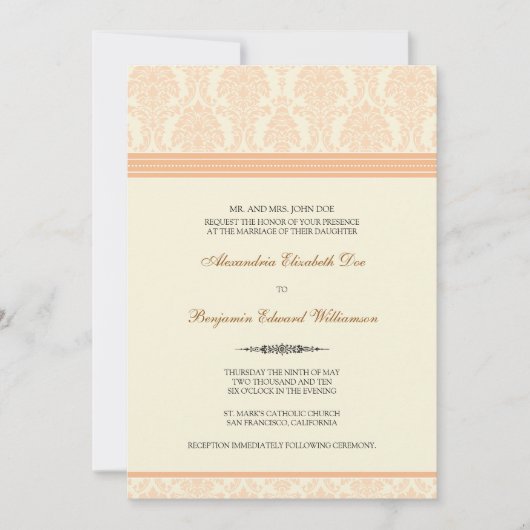 Lovely Damask Wedding Invitation (perzik/crème) Kaart (Voorkant)