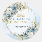 Lovely Dusty Blue Gold Greenery Quinceañera Favor  Ronde Sticker (Voorkant)