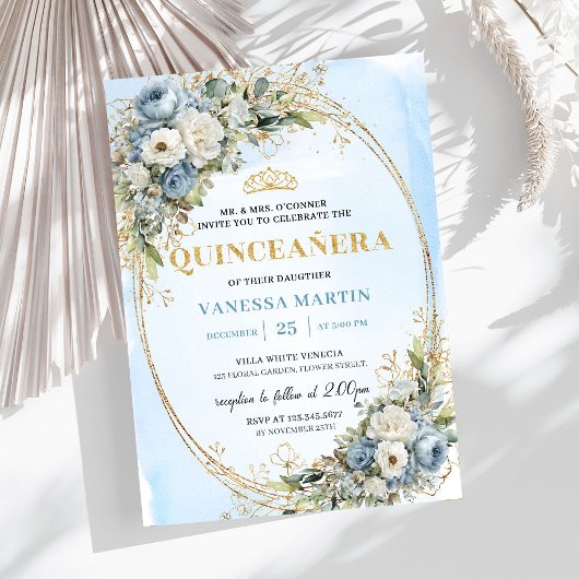 Lovely Dusty Blue Gold Greenery Quinceañera Invite Kaart