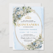 Lovely Dusty Blue Gold Greenery Quinceañera Invite Kaart (Voorkant)