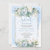 Lovely Dusty Blue White Peony Sweet 16 Invitation Kaart (Voorkant)