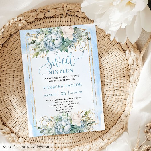 Lovely Dusty Blue White Peony Sweet 16 Invitation Kaart