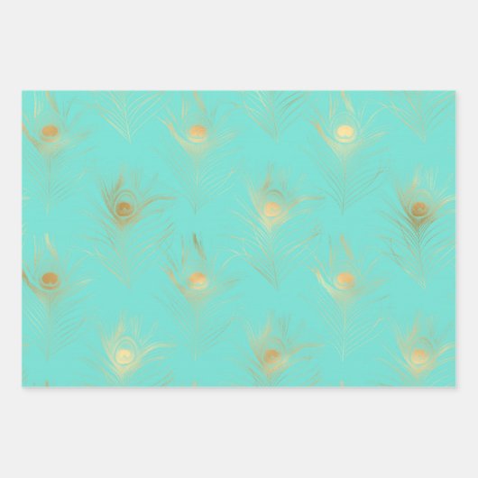 Lovely Feathers Blue Turquoise en Golden Inpakpapier Vel (Voorkant 2)