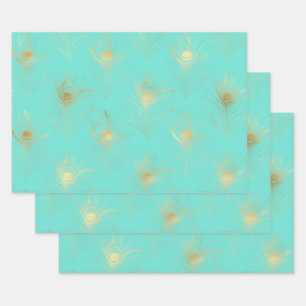 Lovely Feathers Blue Turquoise en Golden Inpakpapier Vel