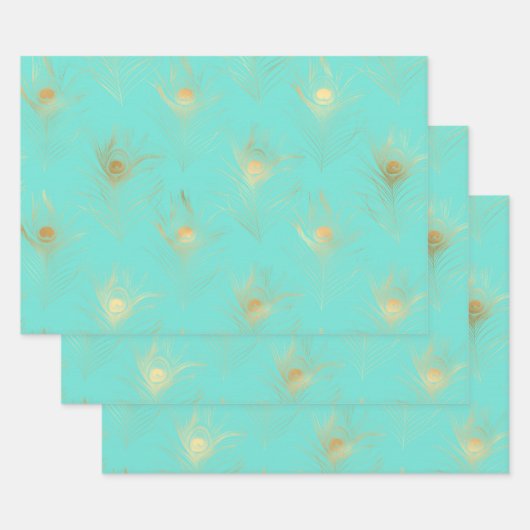 Lovely Feathers Blue Turquoise en Golden Inpakpapier Vel (Set)