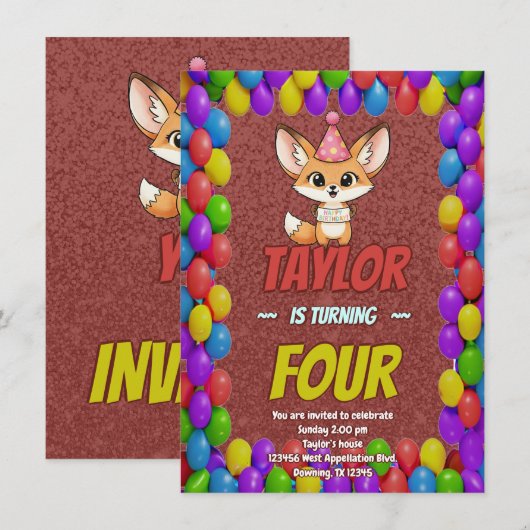 Lovely Fennec Fox 4th Birthday Invitation Kaart (Voorkant / Achterkant)