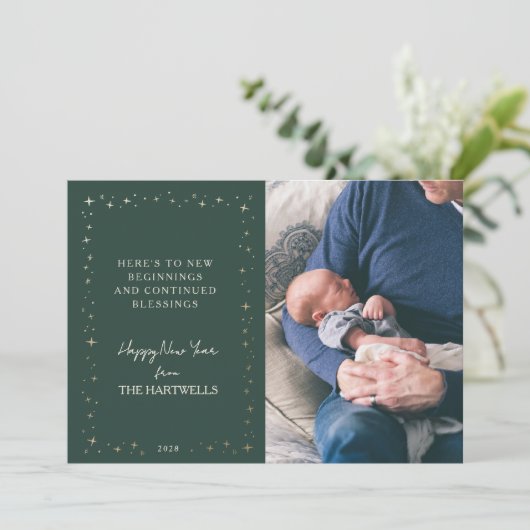 Lovely Forest Green Starry New Year Photo Feestdagenkaart (Staand voorkant)