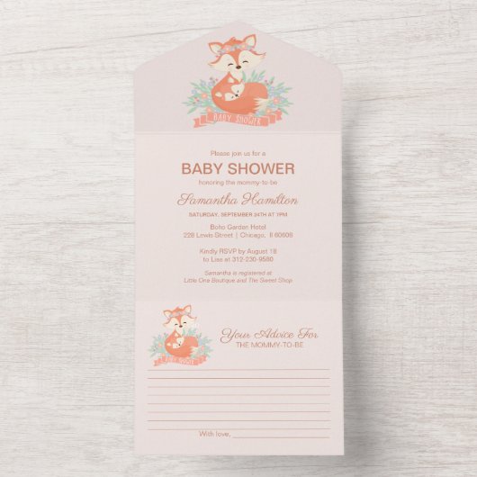 Lovely Fox Baby shower Invitation & Advice Kaart (Binnen)