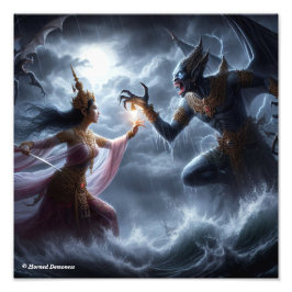 Lovely girl figthing a monster foto afdruk