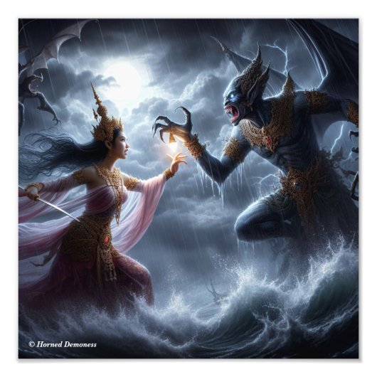 Lovely girl figthing a monster foto afdruk (Voorkant)