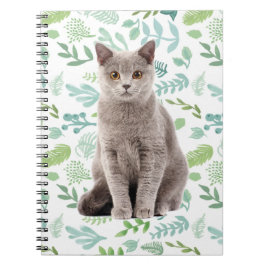 Lovely Gray Cat with Flowers and Leaves Pattern Notitieboek