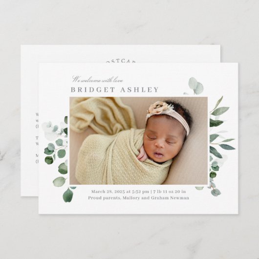 Lovely Greenery Baby Birth Announcement Briefkaart (Voorkant / Achterkant)