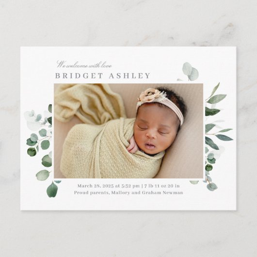Lovely Greenery Baby Birth Announcement Briefkaart (Voorkant)