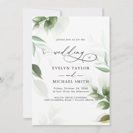 Lovely Greenery Black Calligraphy Invitation Kaart (Voorkant)