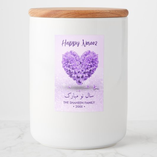 Lovely Happy Norooz Heart Bouquet Paarse Hyacinth Voedselcontainer Etiket (Voorkant)